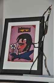 Folk artist Joe Light lithograph "The King" shown with fork art stick dog by Edd Lambdin