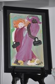 Folk Artist Woodie Long, Two Women with Purses" signed