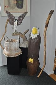 Large carved wooden eagle, paper mache hawk, birch basket and a fantastic carved walking stick