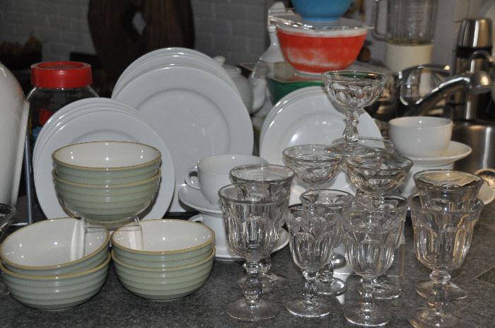 Set of 6 great Dansk bowls shown with a 24 piece Crown Rego by Oneida white set of fine porcelain. Also available is a vintage set of pressed glass 
