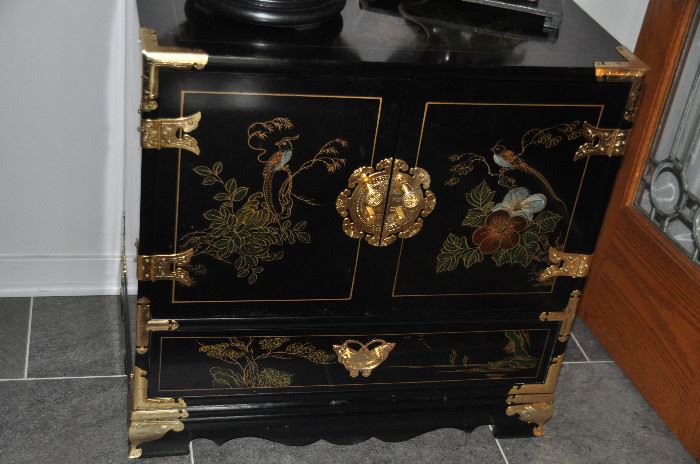 Gorgeous brass hardware detail on the Asian chest, 24"w x 24"h x 16"d