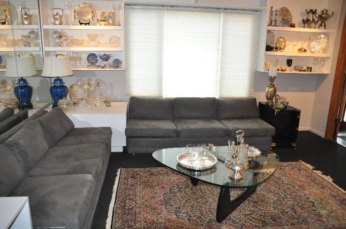 Lovely living room filled with Asian decor, crystal, glass, silver-plate and sterling silver!