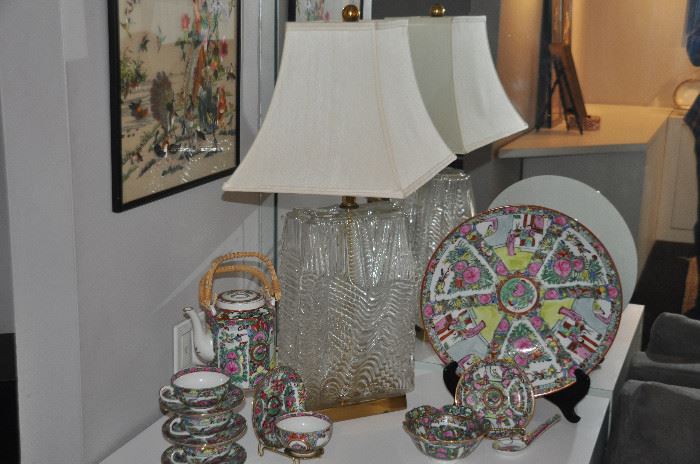 Fabulous mid century heavy glass lamp shown with stunning antique ACF, made in Hong Kong porcelain 