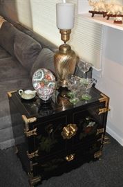 Another petite Asian chest shown with vintage etched green wine glasses, antique lamp and more Asian painted porcelain 