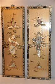 A pair of hand painted mother of pearl Asian screens, 13.75"w x 37"h each