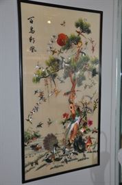 Spectacular Asian framed signed silk embroidery, 17.5"w x 33"h