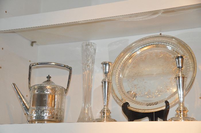 Vintage etched silver-plate tea pot round tray, and Newport Sterling weighted candlesticks. 