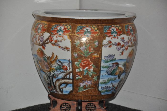 Large painted porcelain Fish bowl planter, 14"w x 12"h