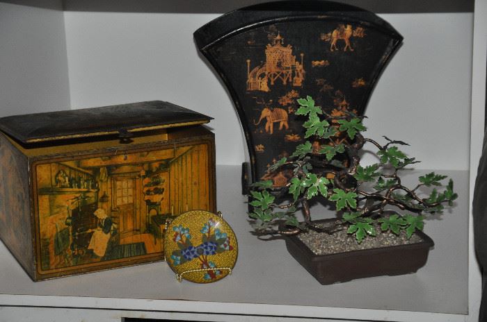 Antique Canco tin biscuit box, cloisonné dish, enamel jade bonsai tree and wooden Asian bamboo style basket 