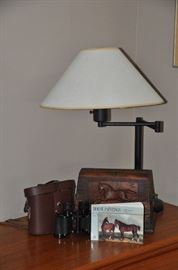 One of the 2 desk lamps shown with vintage Carl Zeiss Jena binoculars 8  x 30 and an antique wooden carved box. 