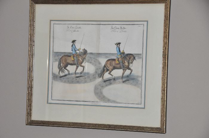 Antique etching of horse trotters double matted and framed 