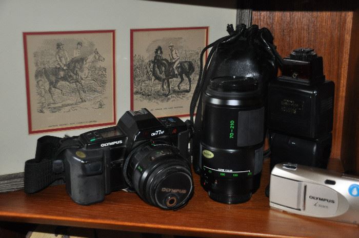 Olympus base shown with a Olympus Promaster Spectrum 7, 70-210.  Shown with an antique framed etching 