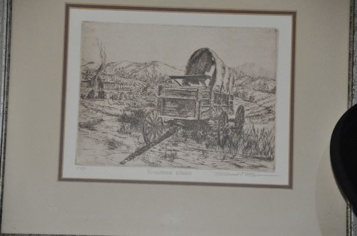 Elwood J. Miller etching “Conestoga Wagon” numbered 15/150 with COA, double matted and framed. 