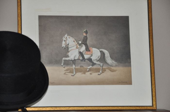 Vintage etching by J. Plank “Span. Tritt". Also shown is a Blue Ribbon Leather Company Top Hat size 7 3/8