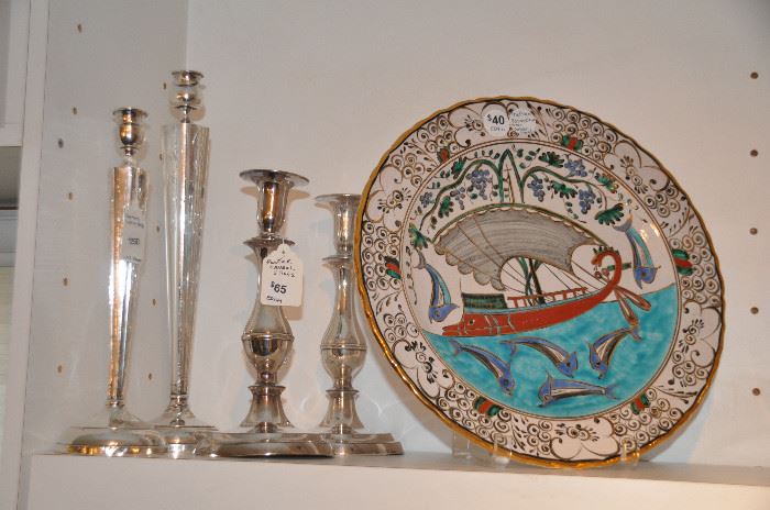 Wonderful Sterling and Pewter candlesticks shown with  The Argo Jason’s Ship decorative platter from Greece