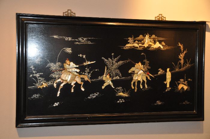 Wonderful black wooden painted screen with mother of pearl overlay made in Hong Kong, 39.5"w x 21.5"h