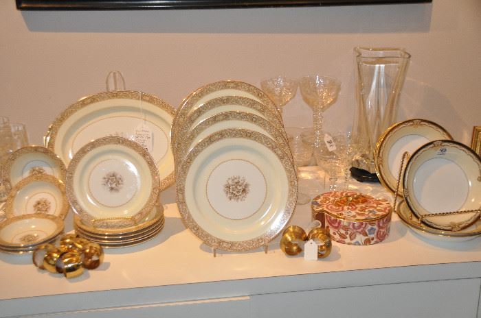 Vintage Noritake China, Adelphi, 19 piece set and a . Also shown with 6 vintage etched wine glasses and a 6 piece Valiere bowl set by Noritake