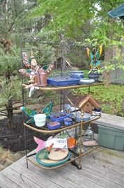 Fantastic vintage wrought iron and brass French Bakers Rack shown with a sample of the garden pots and pottery available 