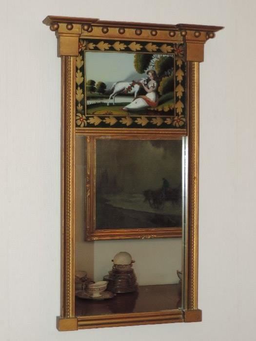 New York (small) reverse painted mirror with UNIQUE "Girl and Lamb" - overpainted gilt