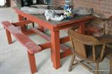 picnic table and two ethan allen chairs