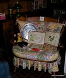 antique monkey toy, Ethan Allen large armchair, tablemats