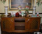 Mid century maple server,lusters,gone with the wind lamps