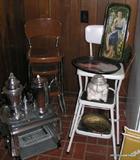 stepstools and stainless coffee set, two coca cola trays