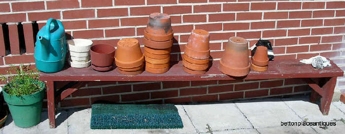 this is one of a matching Pair of 6 foot primitive Benches, Clay Pots and more