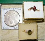 1922 peace Dollar....14kt Diamond and Quartz ring, 10 kt Garnet ring