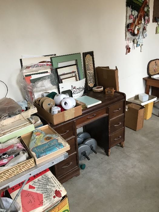 Vintage desk, vintage baby items, lots of craft items