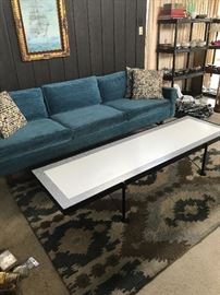 3 cushion sofa, handmade coffee table crafted from metal 