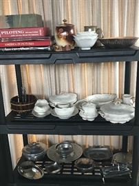 Silverplate and metalware, antique porcelain dishes