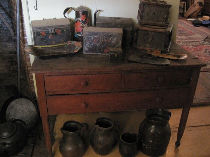 three drawer farm table with stoneware & toleware