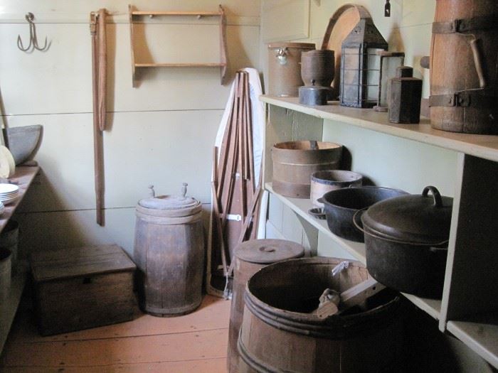 wooden barrels & cast iron in pantry