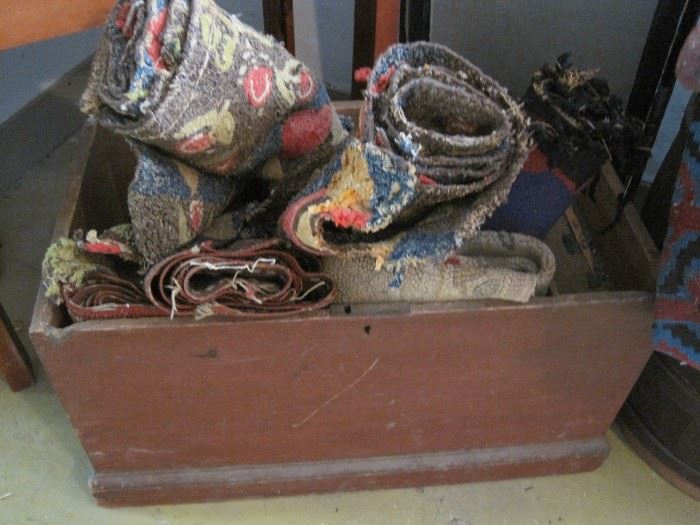 box with hooked rugs (worn)