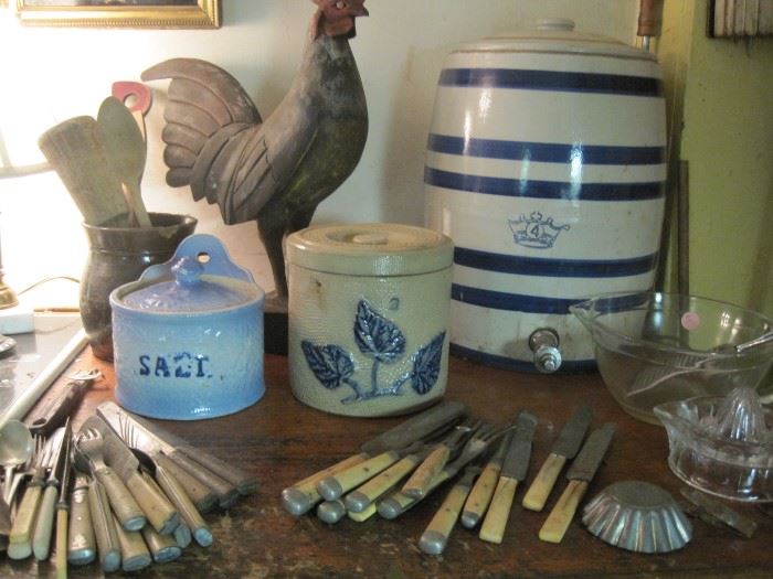 stoneware water cooler & salt crocks & early utensils