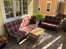 1920s Cast Iron Sofa, Loveseat, and End Table. (Refinished and Reupholstered) 