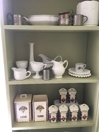 Pewter cups, milk glass & china kitchen canister spice bottles.