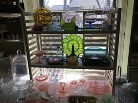 Colored pressed glass serving pieces.