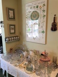 More glass, crystal serving ware and aluminum spice rack.