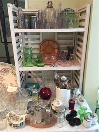 Colored glass pieces, shaker collection and small antique bottles.
