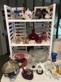 Ruby glass, crystal light prisms and a punch bowl set.