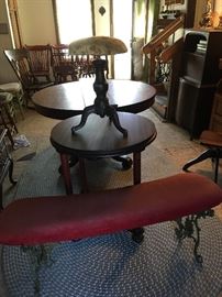 Tables, piano stool & cast iron base bench.