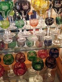 Vintage German wine glasses in colored crystal