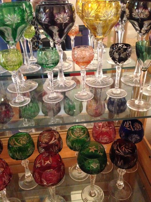 Vintage German wine glasses in colored crystal