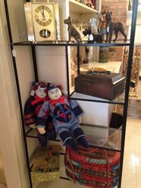 4- shelf etagere; dog figurines; Asian dolls