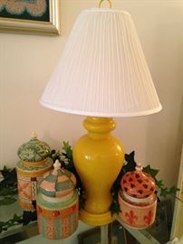 Colorful canisters from Horchow (made in Italy); yellow ginger jar lamp