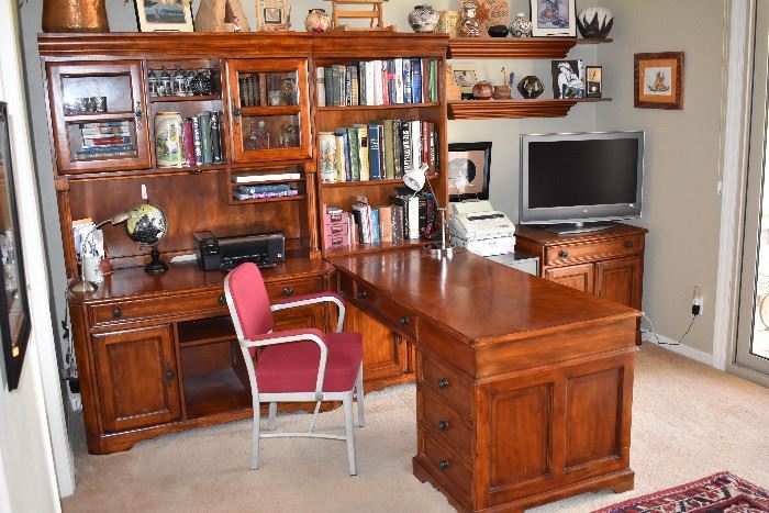 BUY IT NOW - $450  Ashley Furniture Executive Desk w/ separate printer shelf, and filing cabinet 