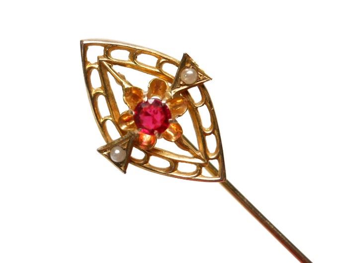 10K GOLD VICTORIAN RUBY RED STONE PEARL STICK PIN