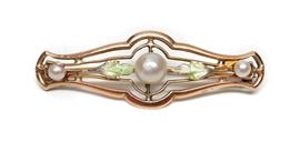 10K ART NOUVEAU PEARL & ENAMEL BROOCH